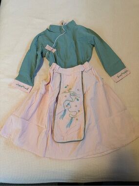 Two-Piece Vintage-Inspired Girl's long sleeve top and skirt in Teal & Light Pink